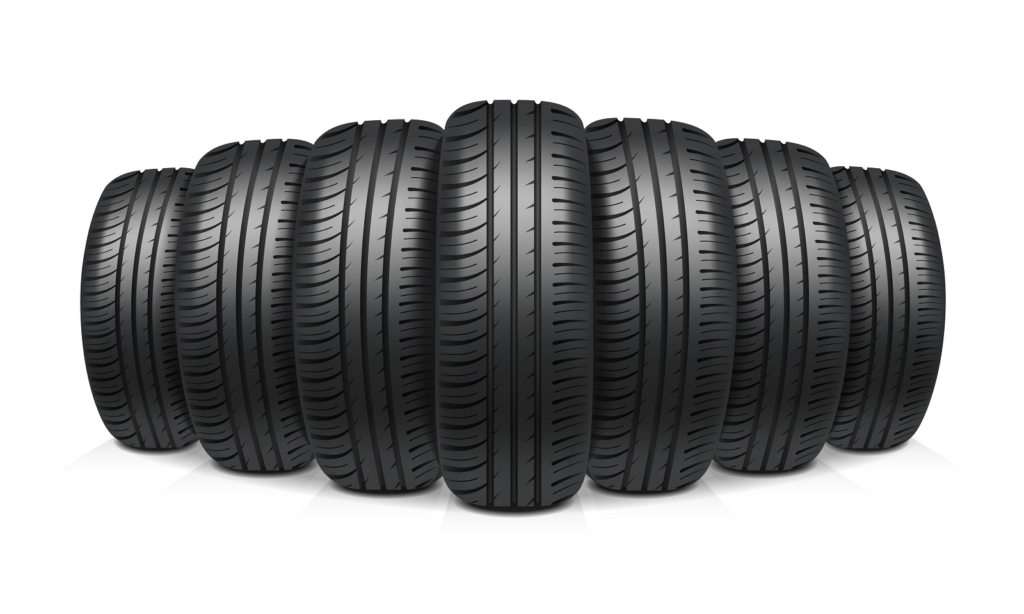 Car tires with similar tread assembled in row realistic design concept vector illustration