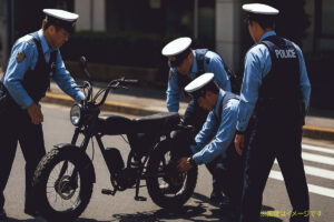 警察官がペダル付き電動バイク（モペット風）を点検している様子。違法改造や取り締まりをイメージした写真です。