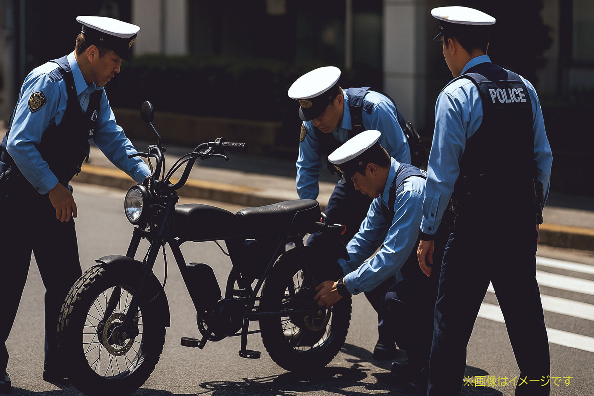警察官がペダル付き電動バイク（モペット風）を点検している様子。違法改造や取り締まりをイメージした写真です。