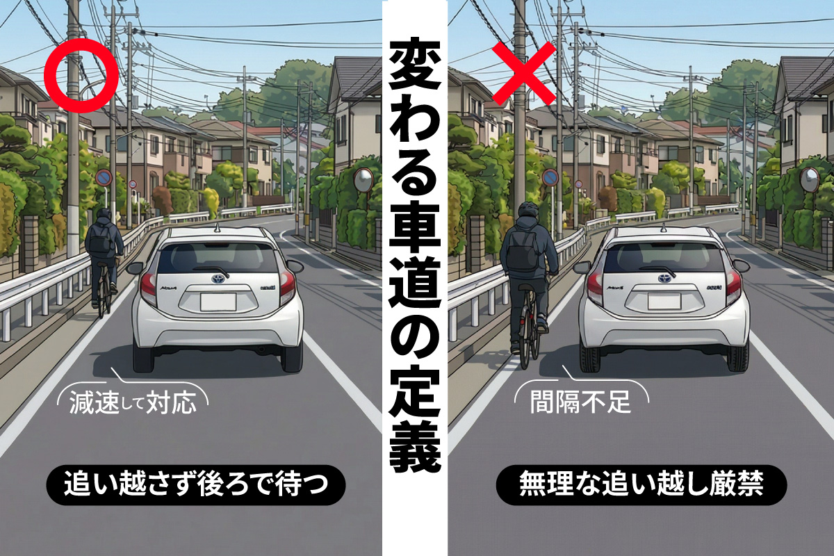 自転車を追い抜く自動車と減速して後ろで待つ自動車の比較