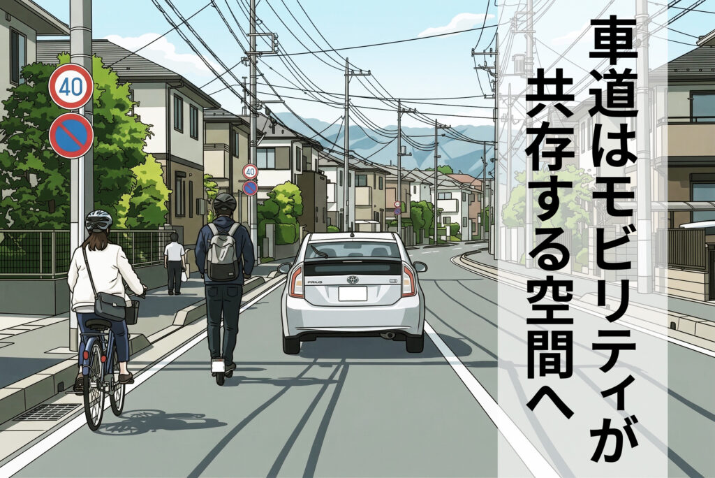 自動車・自転車・特定小型原付が同じ車道を走る様子。車道は自動車だけのものではなく、複数のモビリティが共存する空間へとルールの考え方がシフトしています。