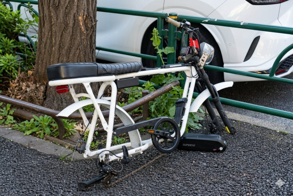 歩道に放置されたタイヤがない違法モペット