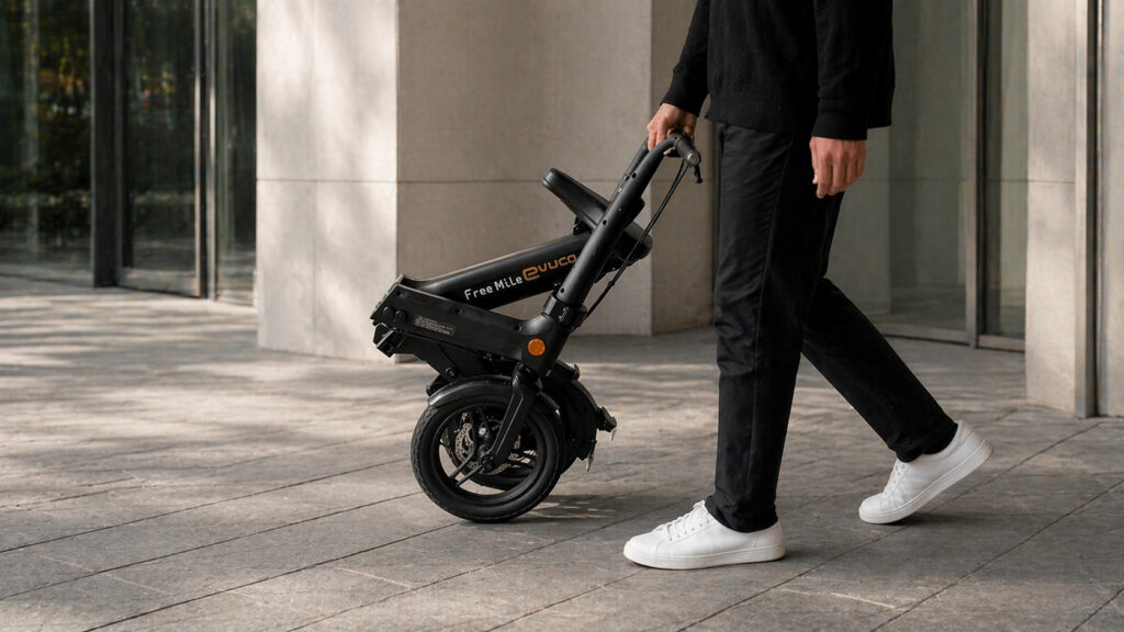 キャリーメイトを装着した折りたたみ状態のevucoを、片手で押して移動する様子