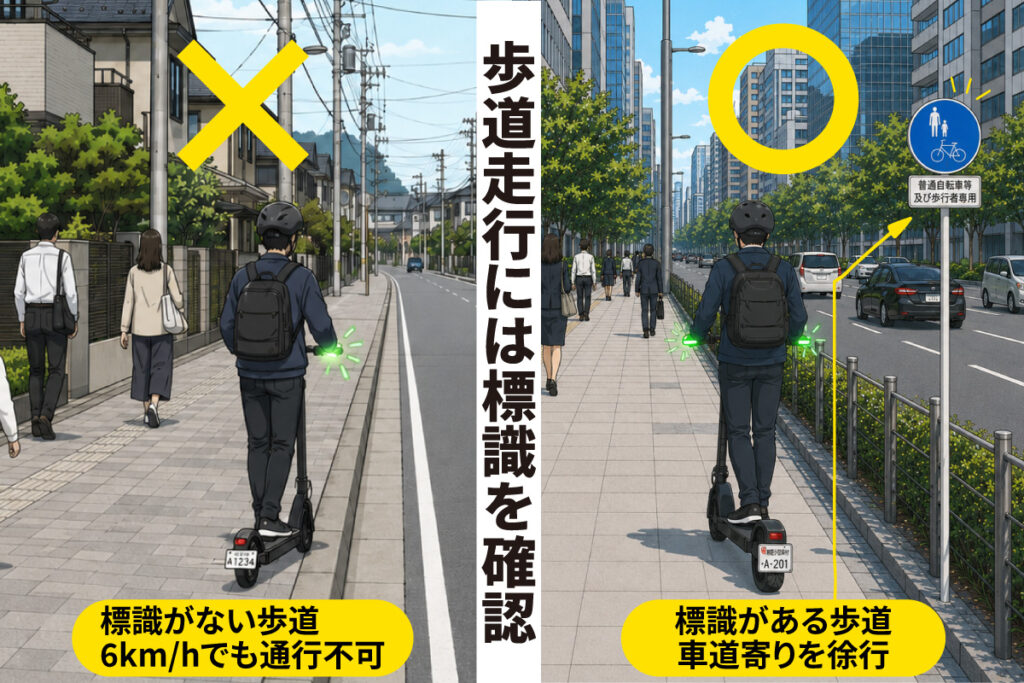 特定小型原付の歩道走行ルール。標識がない歩道は6km/hモードでも通行不可、標識がある歩道では車道寄りを徐行する例を比較した図。